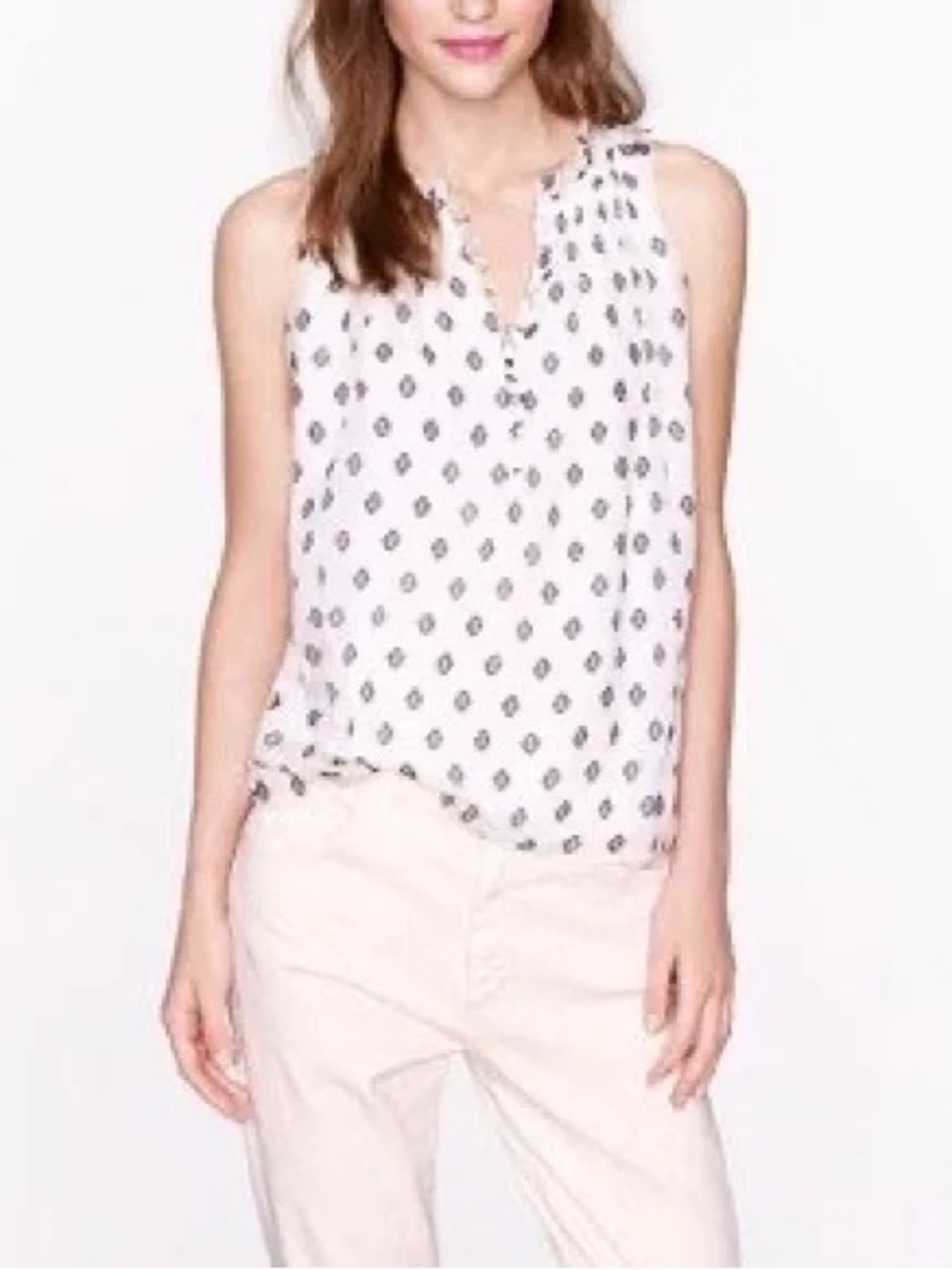 J. CREW Sera Silk Sleeveless White Printed Button-Front Top (US 6)